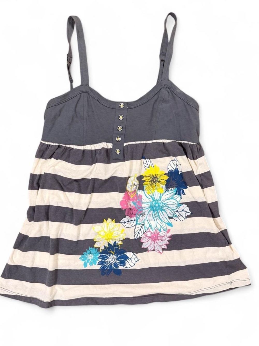 Y2K Gray White Striped Floral Print Tank Top Women’s Size L